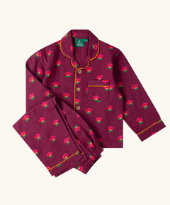 Little Green Radicals pink flowers print organic cotton classic purple pyjamas. Long sleeve button up top with matching trousers.