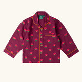 Top from the Little Green Radicals pink flowers print organic cotton classic purple pyjamas. Long sleeve button up top with matching trousers.