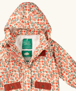 Close up of the Little Green Radicals pink petals recycled waterproof adventure lined Winter coat showing the hood and fleece lining.