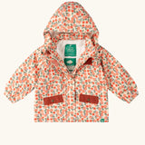 Little Green Radicals pink petals recycled waterproof adventure lined Winter coat with the zip half open.
