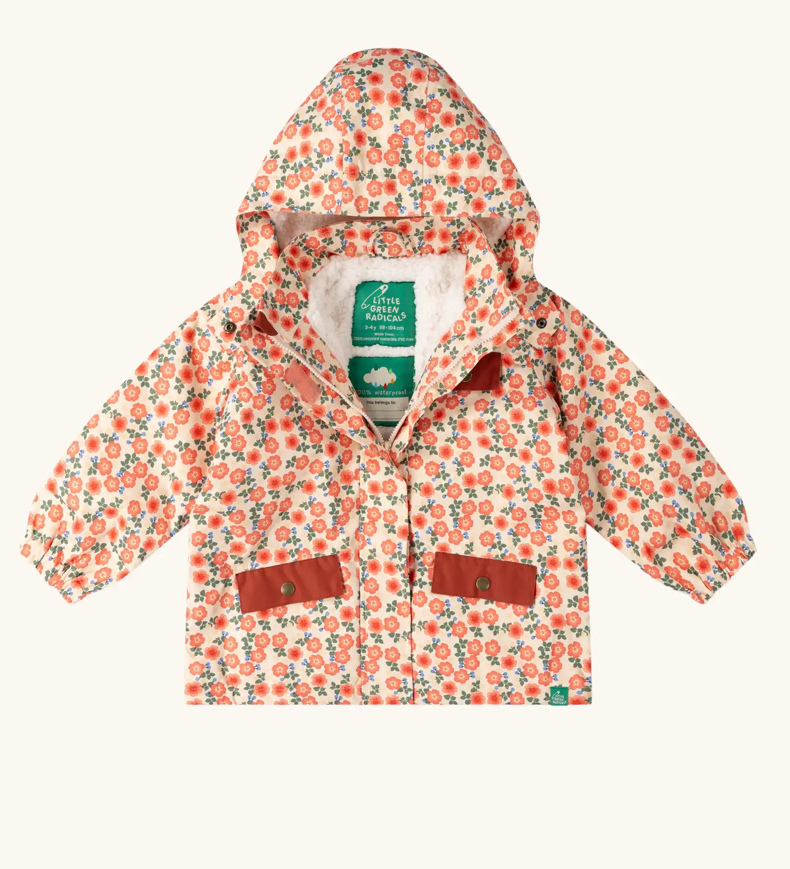 Little Green Radicals pink petals recycled waterproof adventure lined Winter coat with the zip half open.