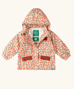 Little Green Radicals pink petals recycled waterproof adventure lined Winter coat with the zip half open.
