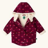 Little Green Radicals pink flowers pattern purple organic cotton sherpa toasty coat.