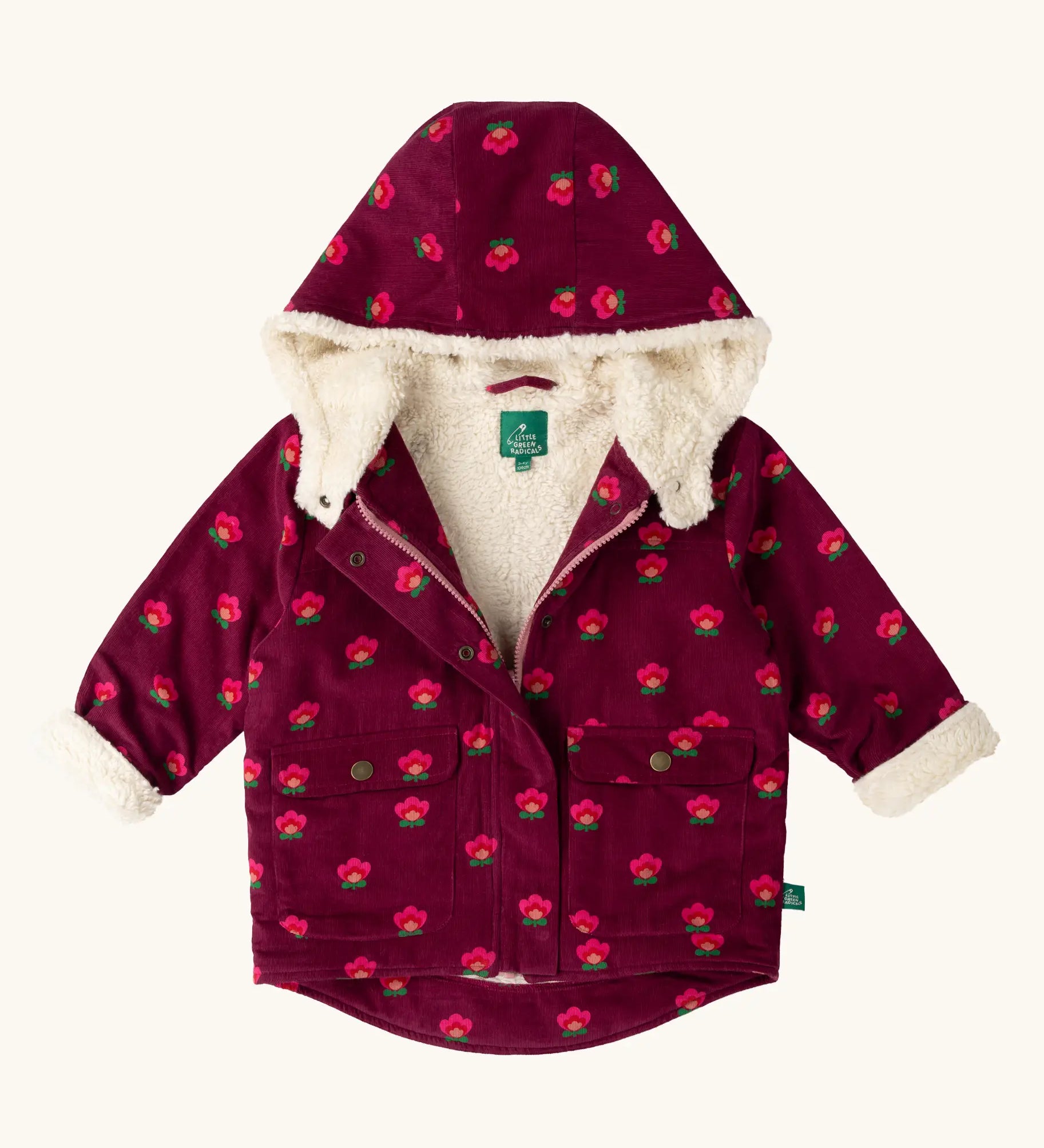 Little Green Radicals pink flowers pattern purple organic cotton sherpa toasty coat.