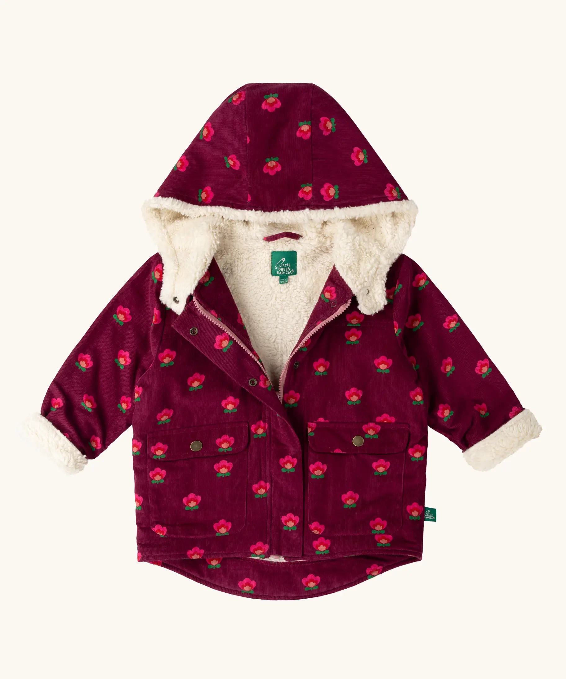 Little Green Radicals pink flowers pattern purple organic cotton sherpa toasty coat.