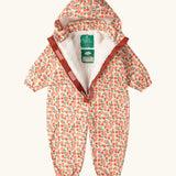 Little Green Radicals petals recycled waterproof winter suit with zip half open showing the fleece lining. Light background with pink repeat al over flower print. 