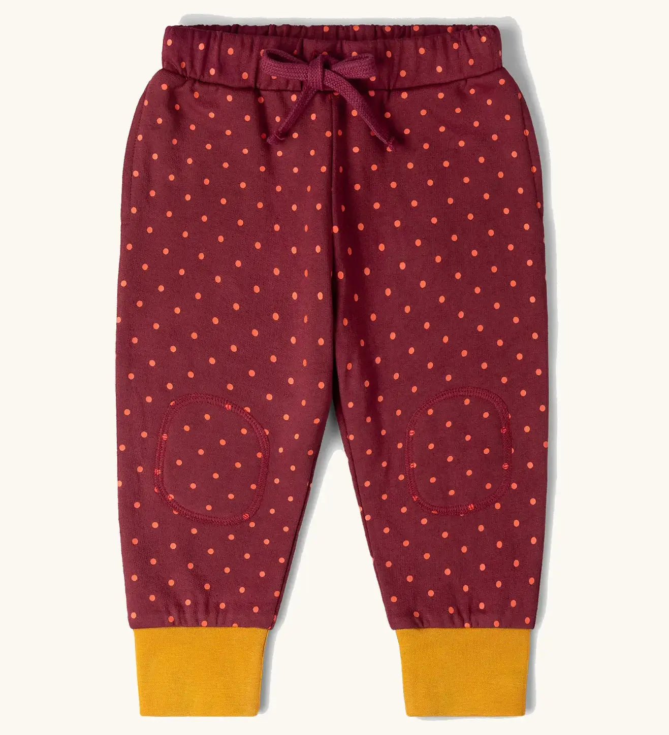 Little Green Radicals autumn polkadot cosy cotton knee patch joggers.