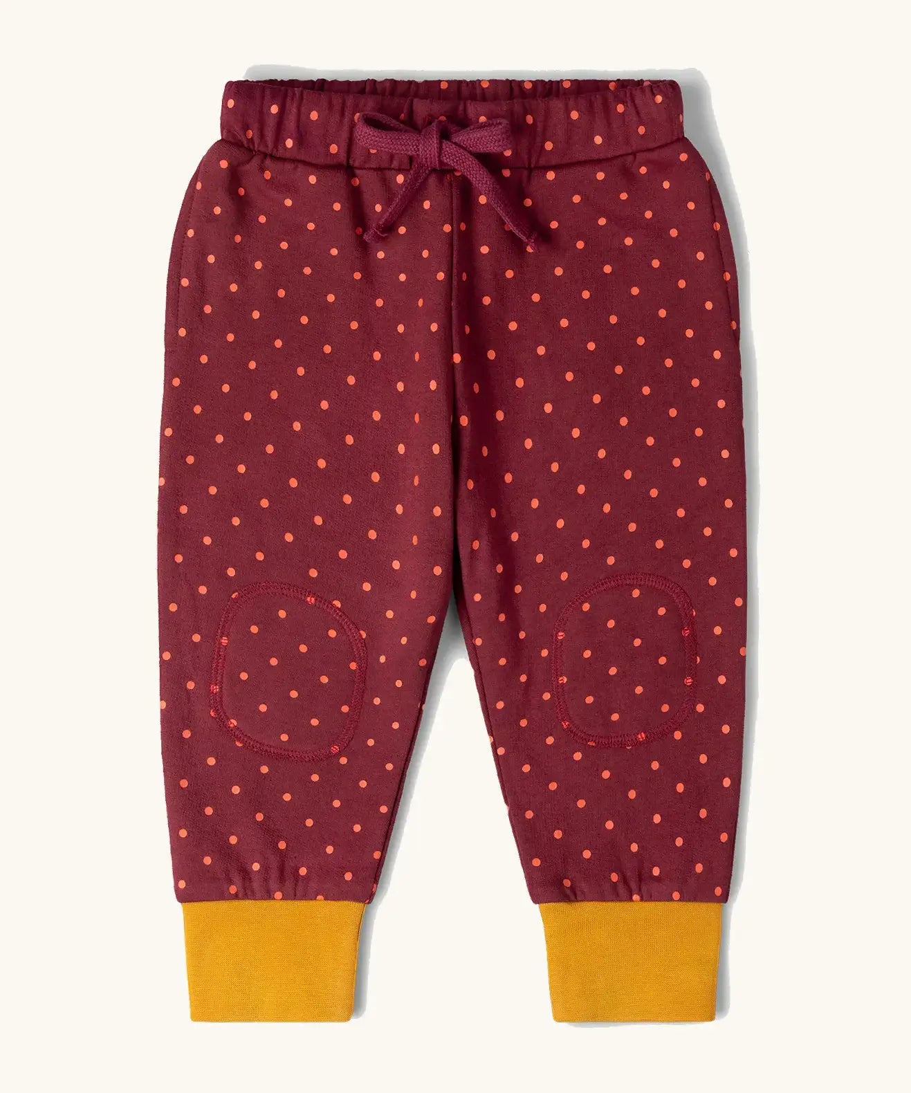 Little Green Radicals autumn polkadot cosy cotton knee patch joggers.