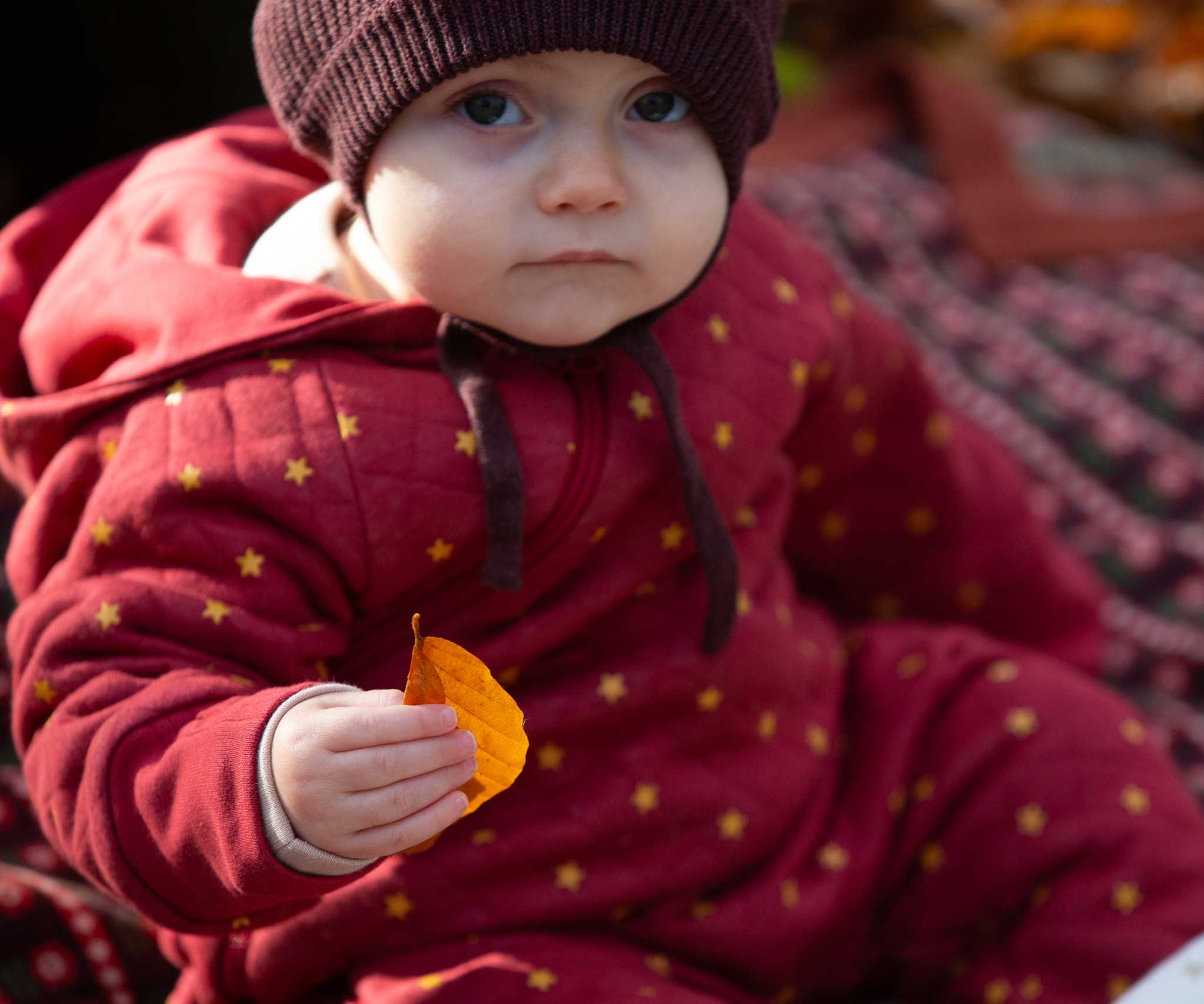 A baby wearing the Little Green Radicals Organic Cotton Quilted Snug Suit with a Red Stars design. This snug suit is a part of a wide range of organic cotton clothing for children available here at Babipur. 