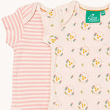 A close up of the 2 pack of Little Green Radicals Quince Flowers Baby Body Set. One vest has a pink and white stripe with the other vest featuring an all over quince flower print. These short sleeved baby best are part of a wide range of organic cotton baby clothes available at Babipur. 