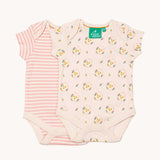 A 2 pack of Little Green Radicals Quince Flowers Baby Body Set. One vest has a pink and white stripe with the other vest featuring an all over quince flower print. These short sleeved baby best are part of a wide range of organic cotton baby clothes available at Babipur. 