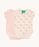 A 2 pack of Little Green Radicals Quince Flowers Baby Body Set. One vest has a pink and white stripe with the other vest featuring an all over quince flower print. These short sleeved baby best are part of a wide range of organic cotton baby clothes available at Babipur. 