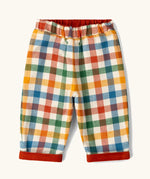 Little Green Radicals organic cotton reversible pull on trousers shown on the multi colour check brushed side.
