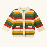 Little Green Radicals kids spring rainbow striped knitted button up organic cotton cardigan.