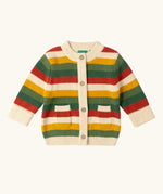 Little Green Radicals kids spring rainbow striped knitted button up organic cotton cardigan.
