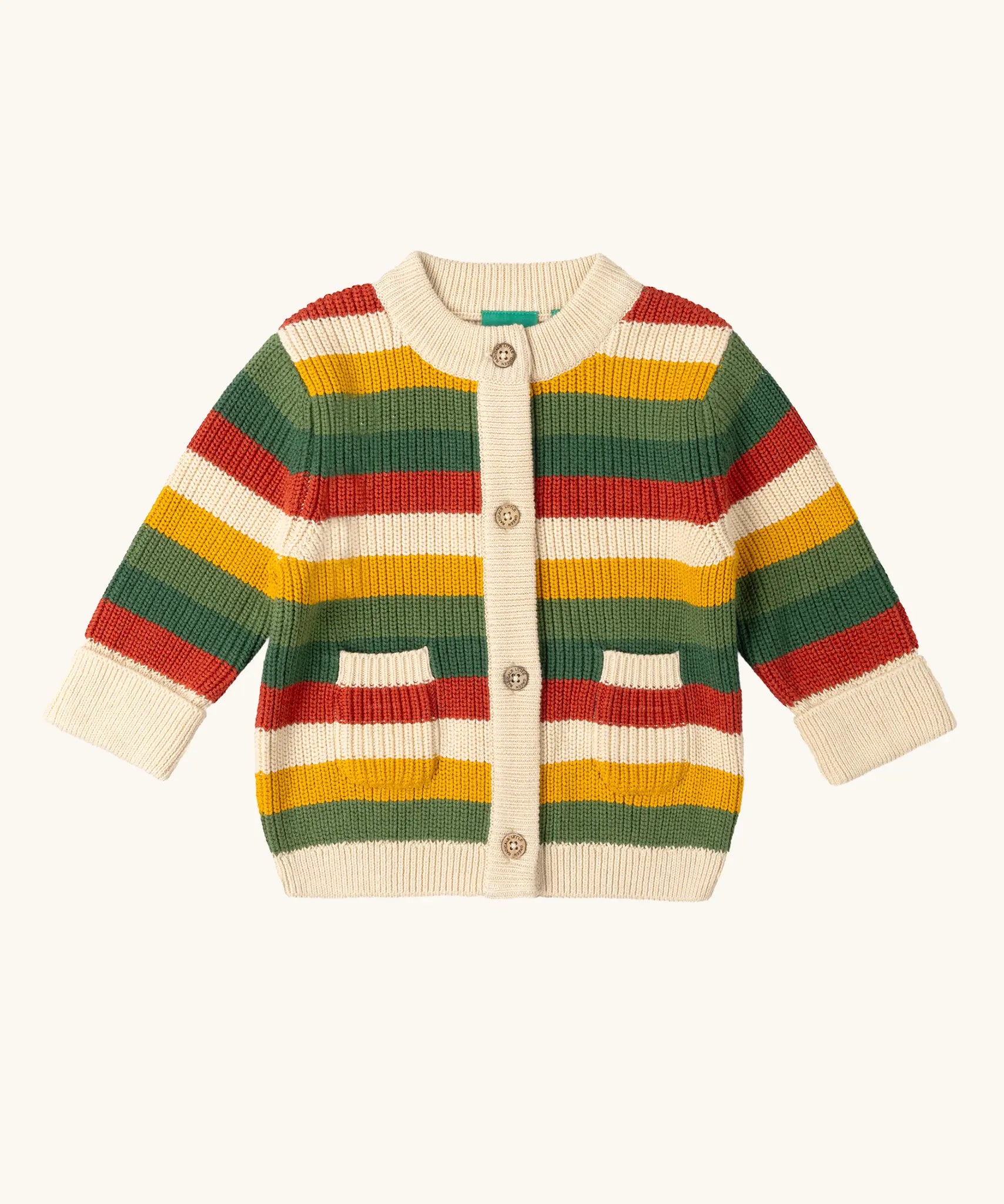 Little Green Radicals kids spring rainbow striped knitted button up organic cotton cardigan.