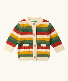 Little Green Radicals kids spring rainbow striped knitted button up organic cotton cardigan.
