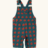 Little Green Radicals kids red apple print blue dungaree shorts.