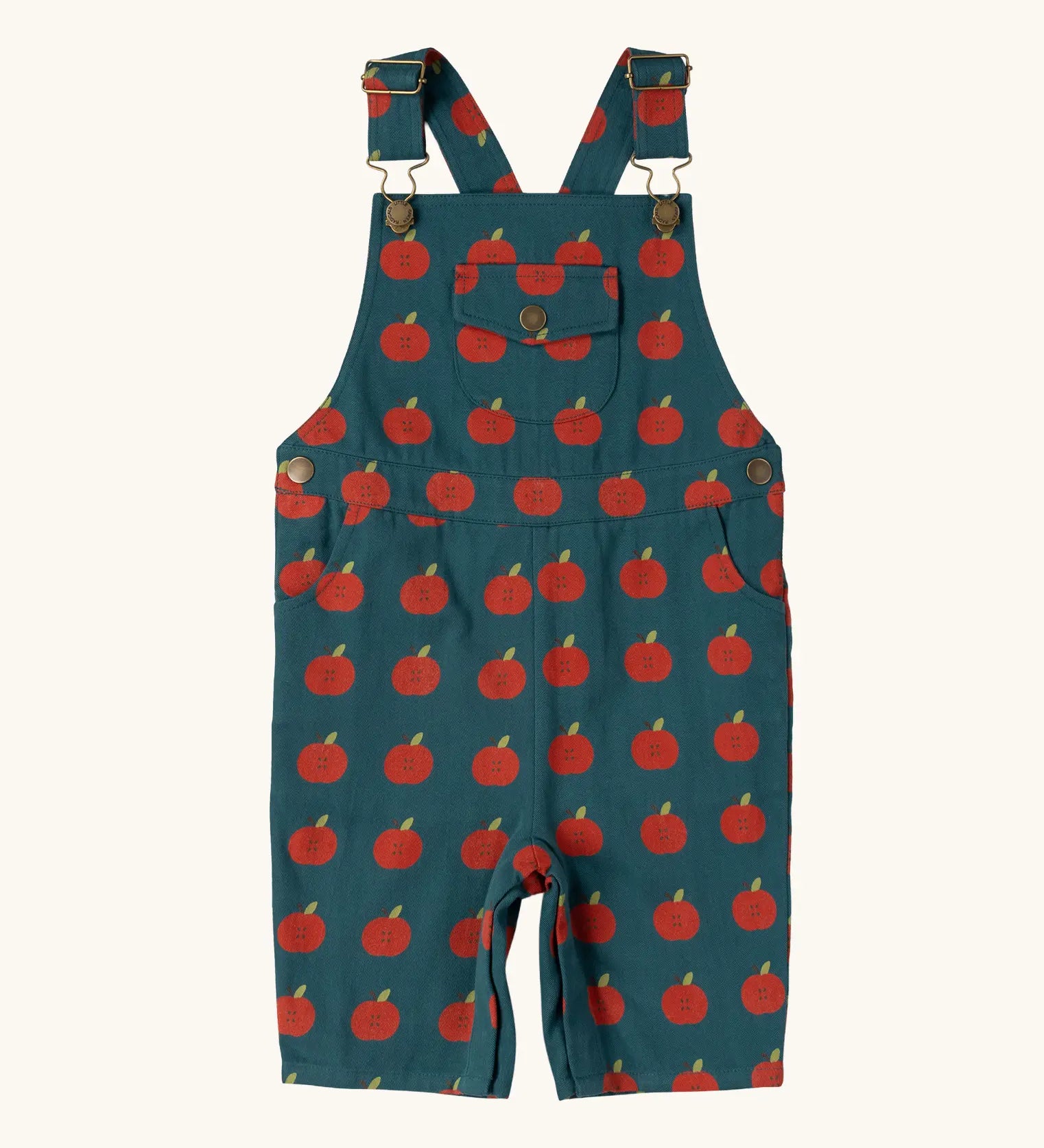 Little Green Radicals kids red apple print blue dungaree shorts.