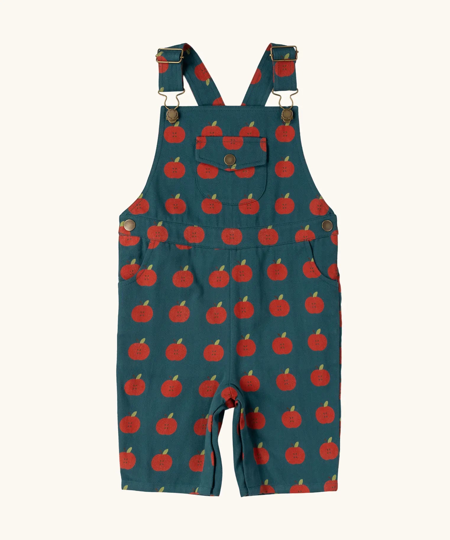 Little Green Radicals kids red apple print blue dungaree shorts.