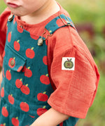 Child wearing the Little Green Radicals kids red apple print blue dungaree shorts with burnt ochre red muslin Henley t-short underneath.