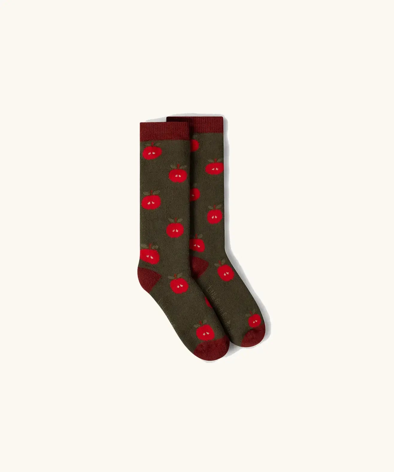 Apple print socks from the Little Green Radicals red apple organic cotton boot socks in a 2 pack. 