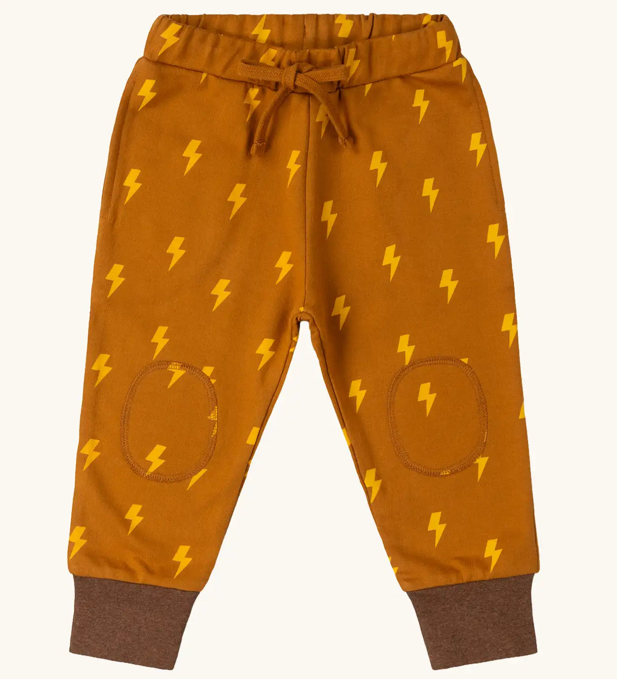 Little Green Radicals yellow gold repeat lightning print cosy organic cotton kids joggers.