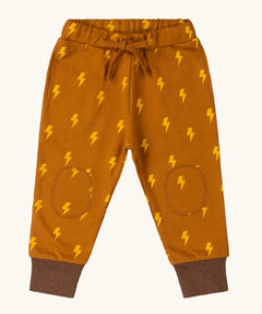 Little Green Radicals yellow gold repeat lightning print cosy organic cotton kids joggers.