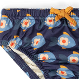 Close up of the yellow waist tie and elasticated waist on the Little Green Radicals blue Little Fish Reusable Swimming Nappy.