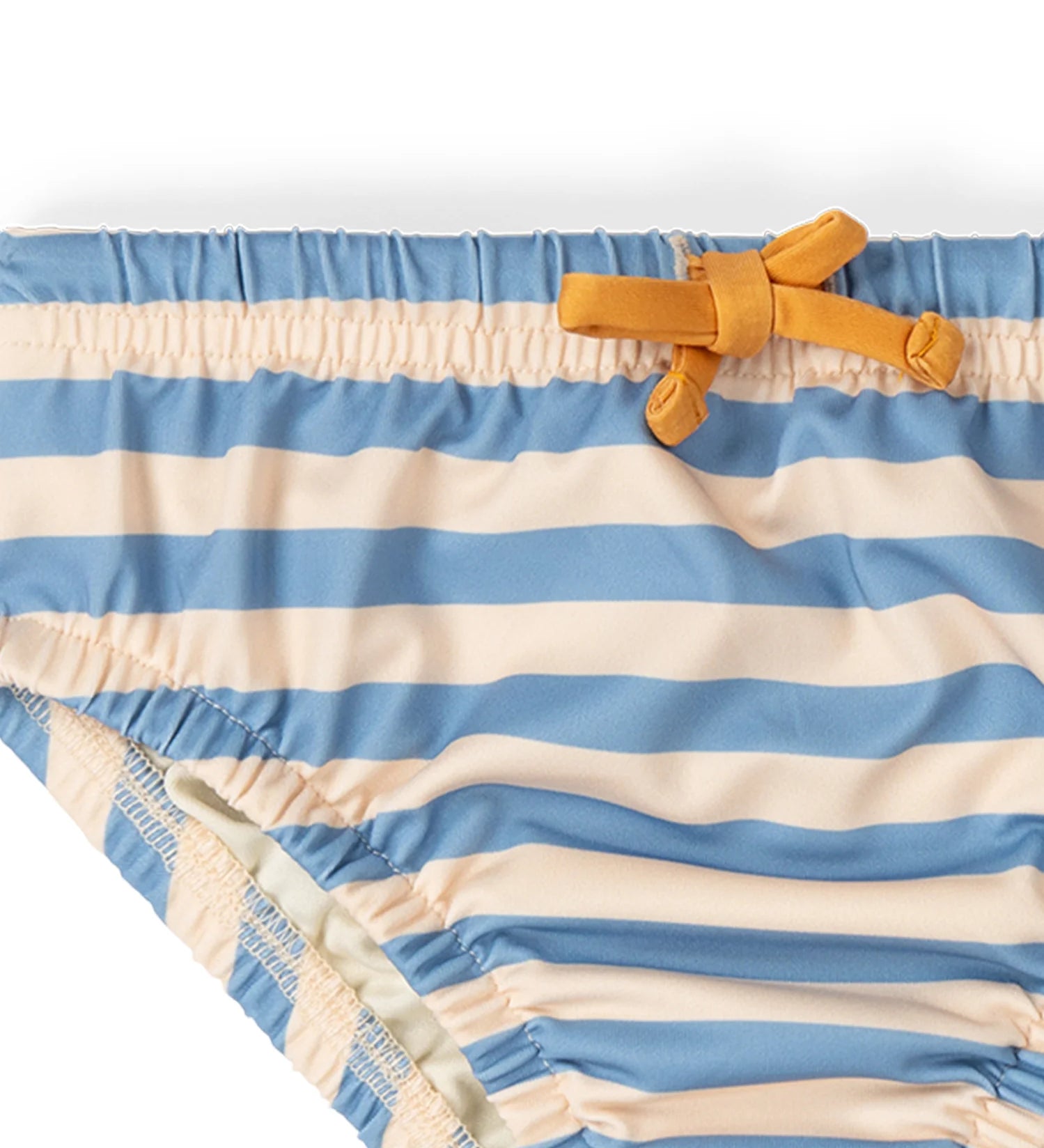 Close up of the elasticated waist on the Little Green Radicals Hazy Blue Striped Reusable Swimming Nappy with yellow waist tie.