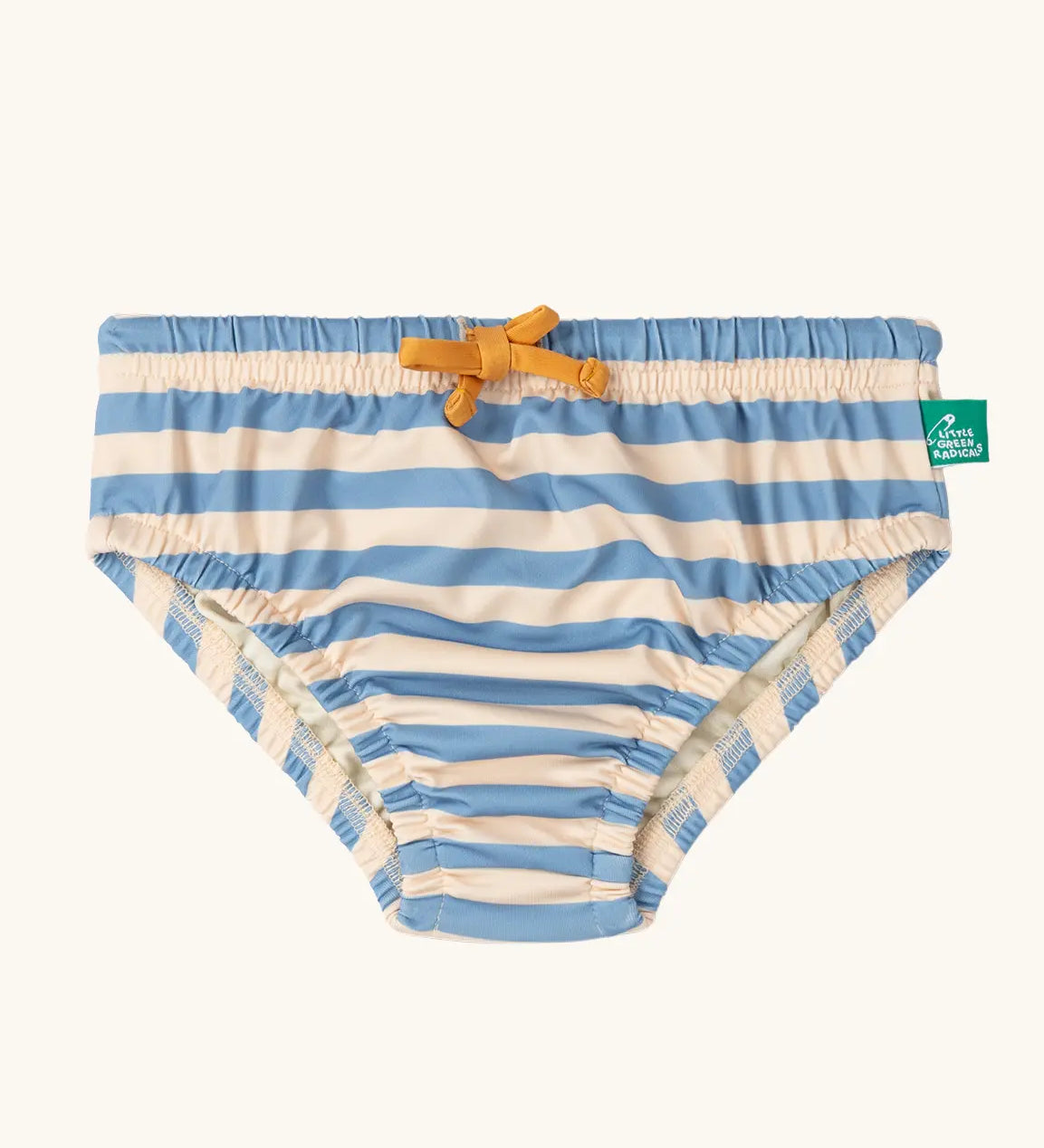 Little Green Radicals Hazy Blue Striped Reusable Swimming Nappy with yellow waist tie.