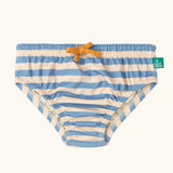 Little Green Radicals Hazy Blue Striped Reusable Swimming Nappy with yellow waist tie.