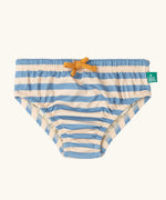 Little Green Radicals Hazy Blue Striped Reusable Swimming Nappy with yellow waist tie.
