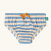 Little Green Radicals Hazy Blue Striped Reusable Swimming Nappy with yellow waist tie.