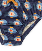 Close up of the elasticated legs on the Little Green Radicals blue Little Fish Reusable Swimming Nappy.