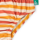 Elasticated legs on the Little Green Radicals Sorbet Striped Reusable Swimming Nappy. Cream, Red and yellow stripes with green logo tag on side.