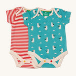 Little Green Radicals Organic Cotton 2 Pack Baby Body Set, one has a  Summer Seagull print and the other has a red and white striped design 