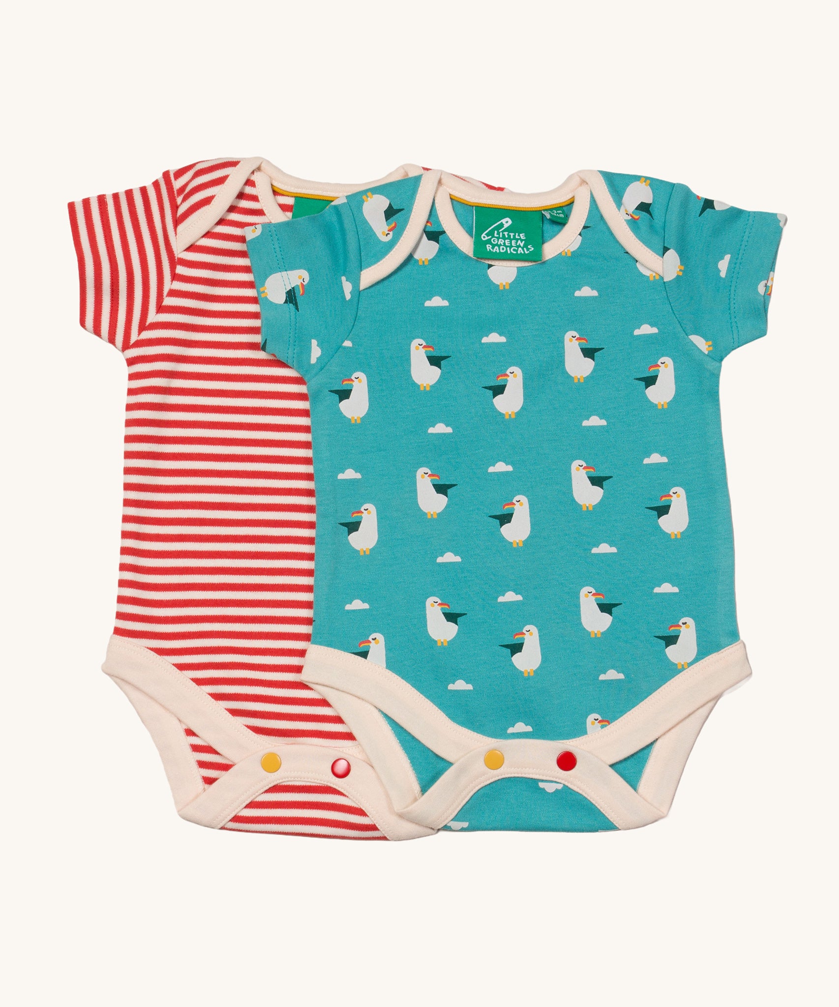 Little Green Radicals Organic Cotton 2 Pack Baby Body Set, one has a  Summer Seagull print and the other has a red and white striped design 