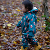 A child wearing the Little Green Radicals Sherpa Fleece Snowsuit , a Organic Cotton suit with a Red Foxes all over print on a dark green background. This lined snowsuit is a part of a wide range of organic cotton clothing for children available here at Babipur. 