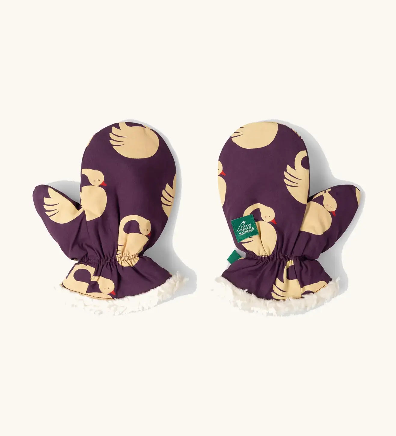 Little Green Radicals organic cotton sleeping swans print sherpa fleece lined purple mittens