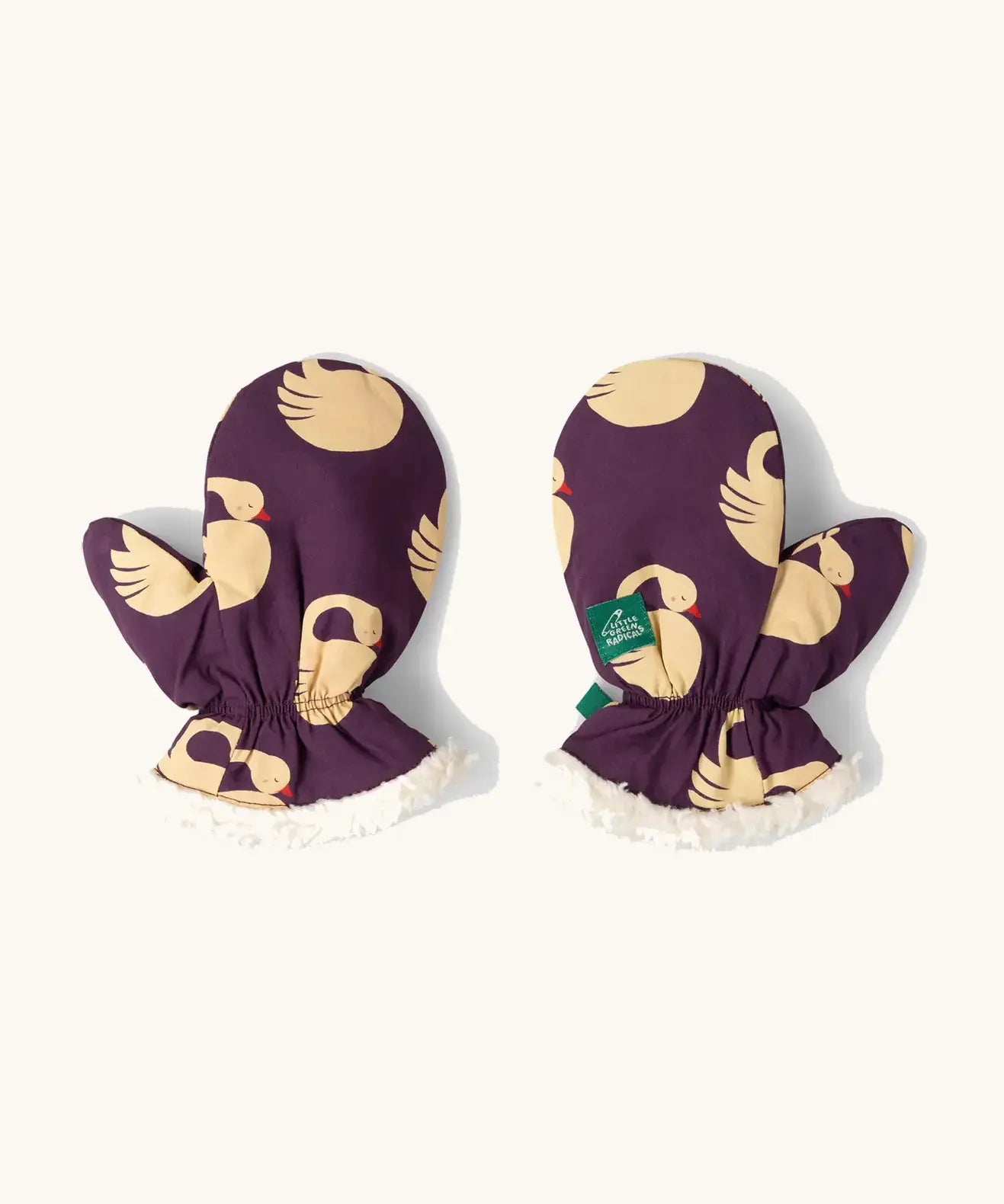 Little Green Radicals organic cotton sleeping swans print sherpa fleece lined purple mittens