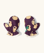 Little Green Radicals organic cotton sleeping swans print sherpa fleece lined purple mittens