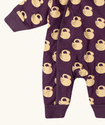 Close up of the leg cuffs on the Little Green Radicals purple sleeping swans print sherpa lined snowsuit.
