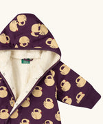 Close up of the inside of the Little Green Radicals purple sleeping swans print sherpa lined snowsuit.