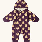 Little Green Radicals purple sleeping swans print sherpa lined snowsuit.