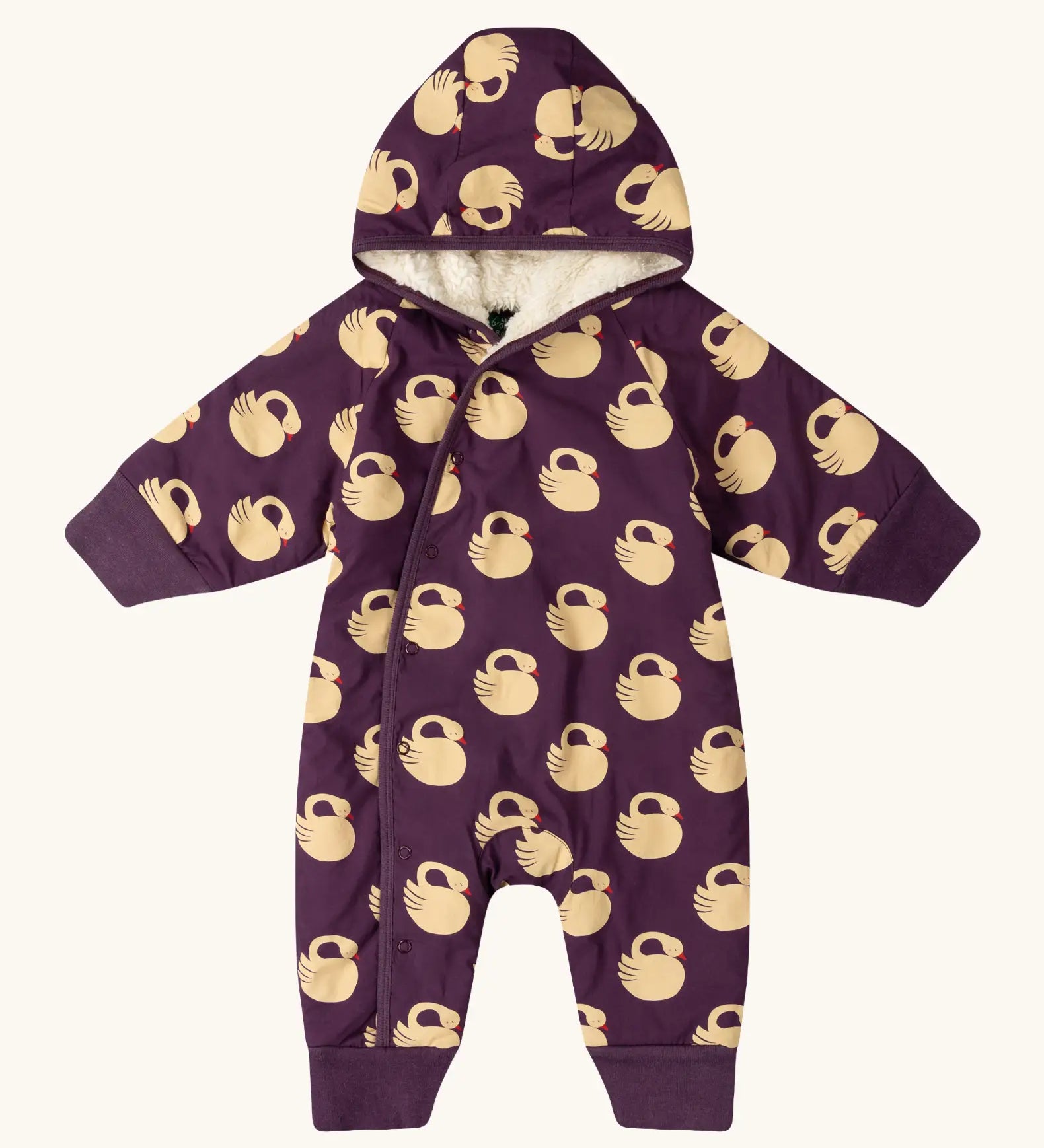 Little Green Radicals purple sleeping swans print sherpa lined snowsuit.