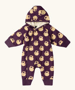 Little Green Radicals purple sleeping swans print sherpa lined snowsuit.