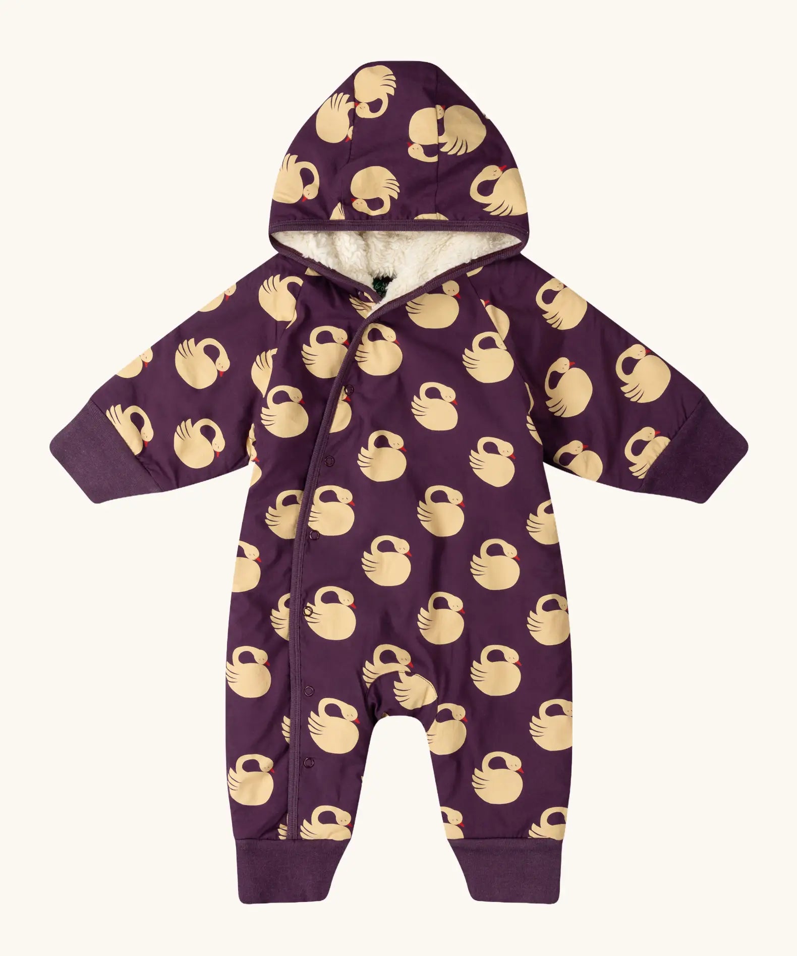 Little Green Radicals purple sleeping swans print sherpa lined snowsuit.