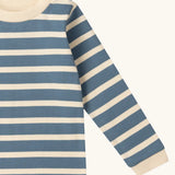 Close up of the Little Green Radicals soft blue stripe organic cotton long sleeve children's top.