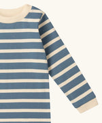 Close up of the Little Green Radicals soft blue stripe organic cotton long sleeve children's top.